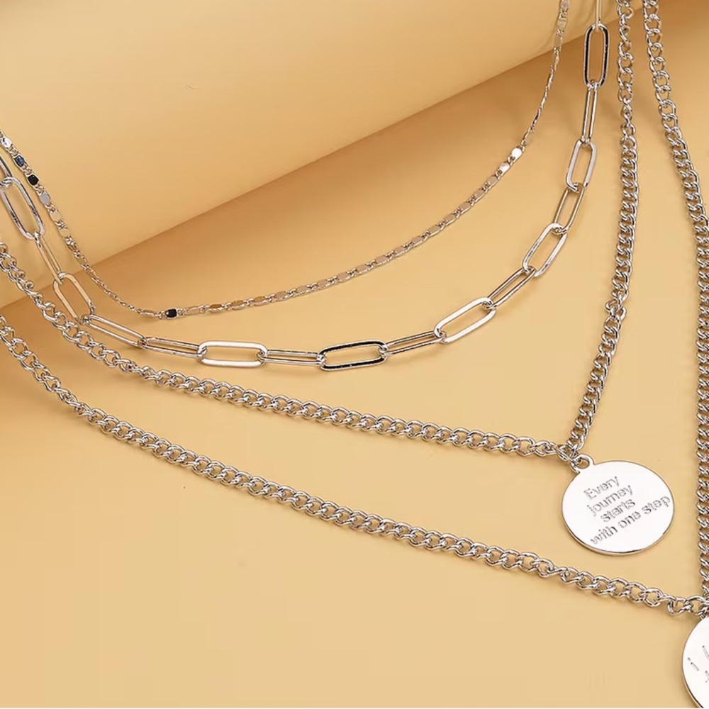 💕 Engraved Message & Cameo Charm Layered Link Chain Necklace in Silvertone - Picture 2 of 7